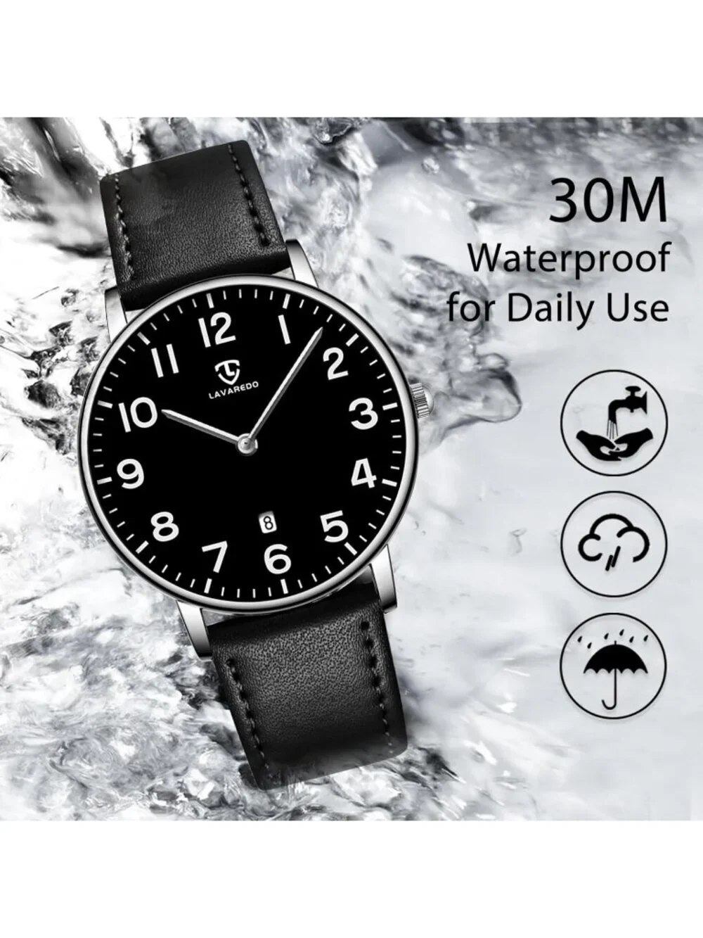 Men's Silver Black Leather Strap Analog Minimalist Fashion Simple Wrist Watch